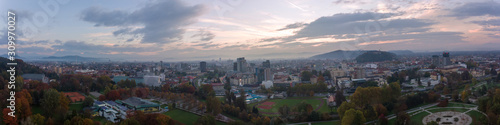 Spectacular morning panoramic city view of Ljubljana. C