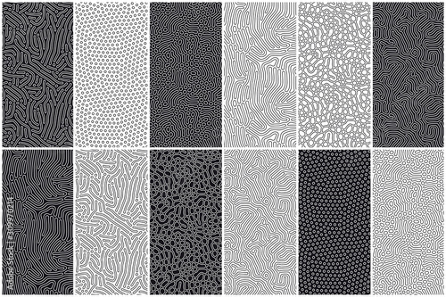Set of organic seamless patterns with rounded lines, drips. Diffusion reaction background. Linear design with biological shapes. Structure of natural cells, maze, coral. Abstract vector illustration.