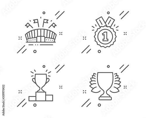 Sports arena, Approved and Winner podium line icons set. Winner sign. Event stadium, Competition results, Sports achievement. Sports set. Line sports arena outline icon. Vector