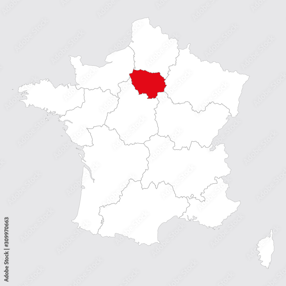 Paris region marked red on france map vector. Gray background.