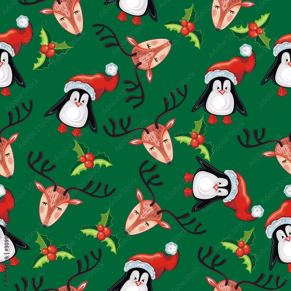 Christmas deer and penguins illustration. Merry Christmas