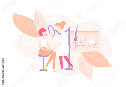 Medical procedure dermatoscopy. A dermatologist or cosmetologist examines a patients skin.