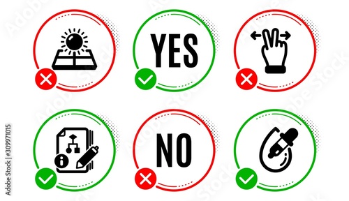 Touchscreen gesture, Algorithm and Sun energy icons simple set. Yes no check box. Eye drops sign. Swipe, Project, Solar panels. Pipette. Business set. Touchscreen gesture icon. Check mark. Vector