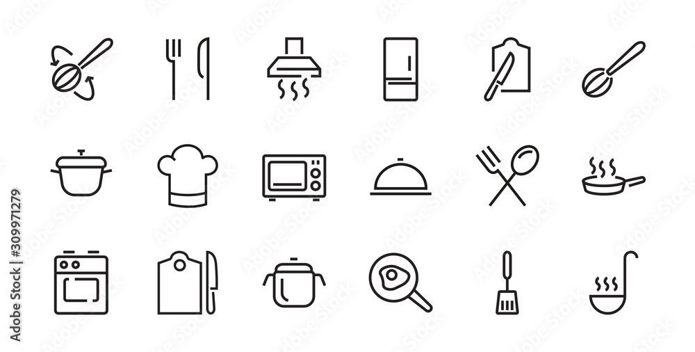 Set of cooking and kitchen icons, Vector lines, contains icons such as frying pan, frying, microwave, fork with spoon, Editable stroke, perfect 48x48 pixels, white background Set of cooking and kitchen icons, Vector lines, contains icons such as frying pan, frying, microwave, fork with spoon, Editable stroke, perfect 48x48 pixels, white background