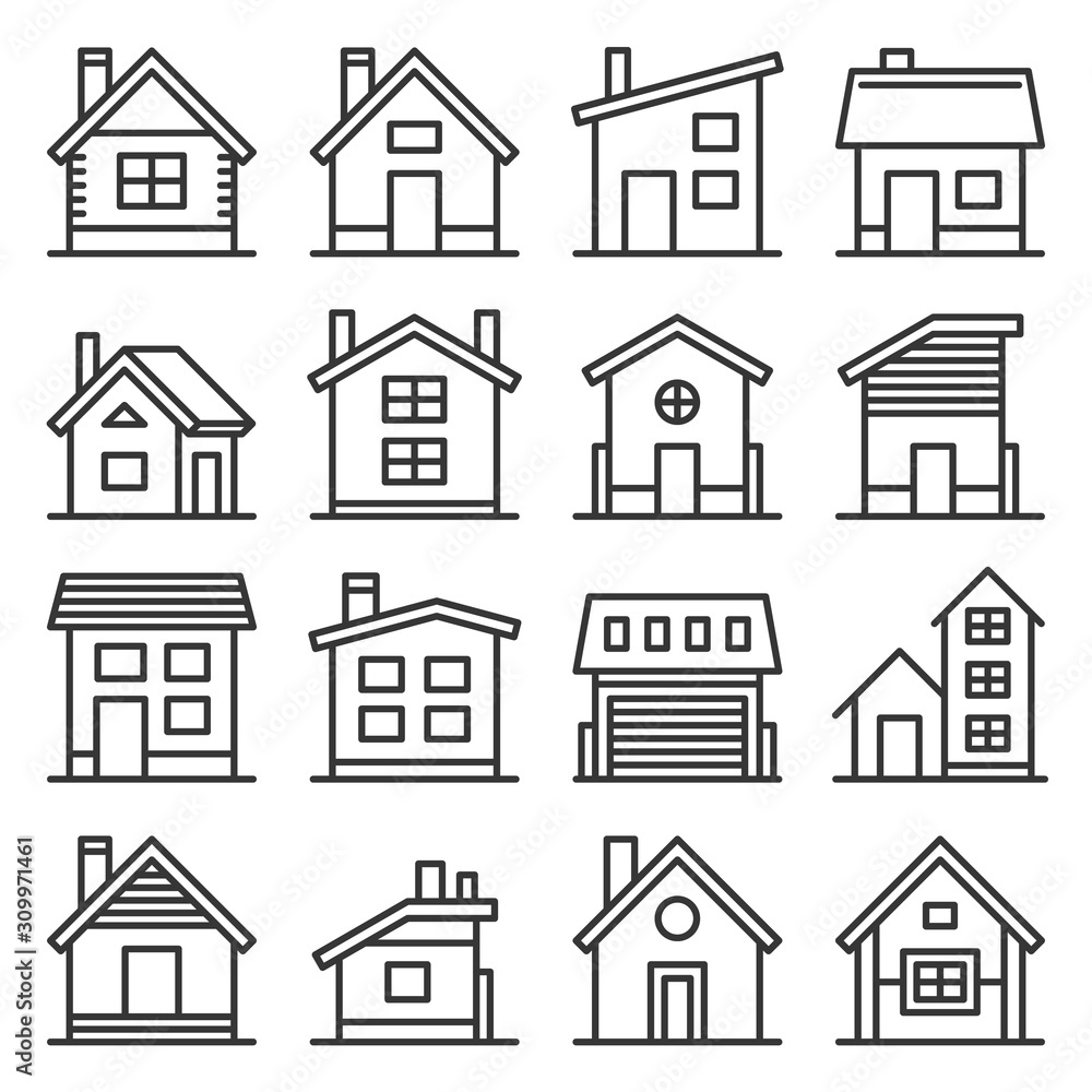 House Icons Set on White Background. Line Style Vector