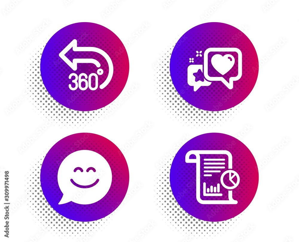 Heart, 360 degrees and Smile chat icons simple set. Halftone dots button. Report sign. Star rating, Full rotation, Happy face. Work analysis. Technology set. Classic flat heart icon. Vector Heart, 360 degrees and Smile chat icons simple set. Halftone dots button. Report sign. Star rating, Full rotation, Happy face. Work analysis. Technology set. Classic flat heart icon. Vector