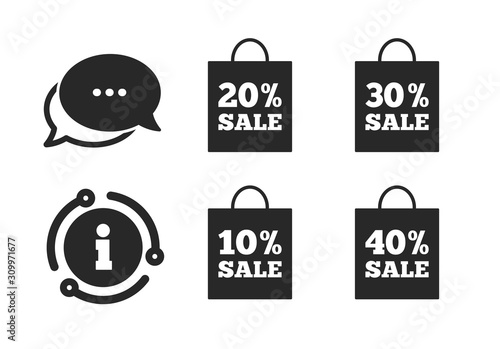 Discount special offer symbols. Chat, info sign. Sale bag tag icons. 10%, 20%, 30% and 40% percent sale signs. Classic style speech bubble icon. Vector