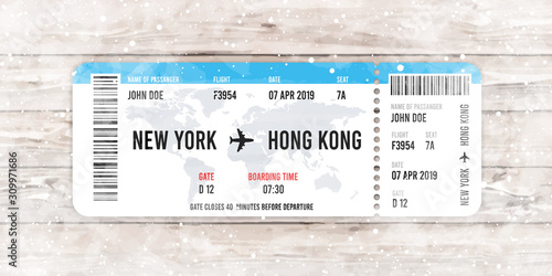 Realistic airline ticket design with passenger name. Vector illustration