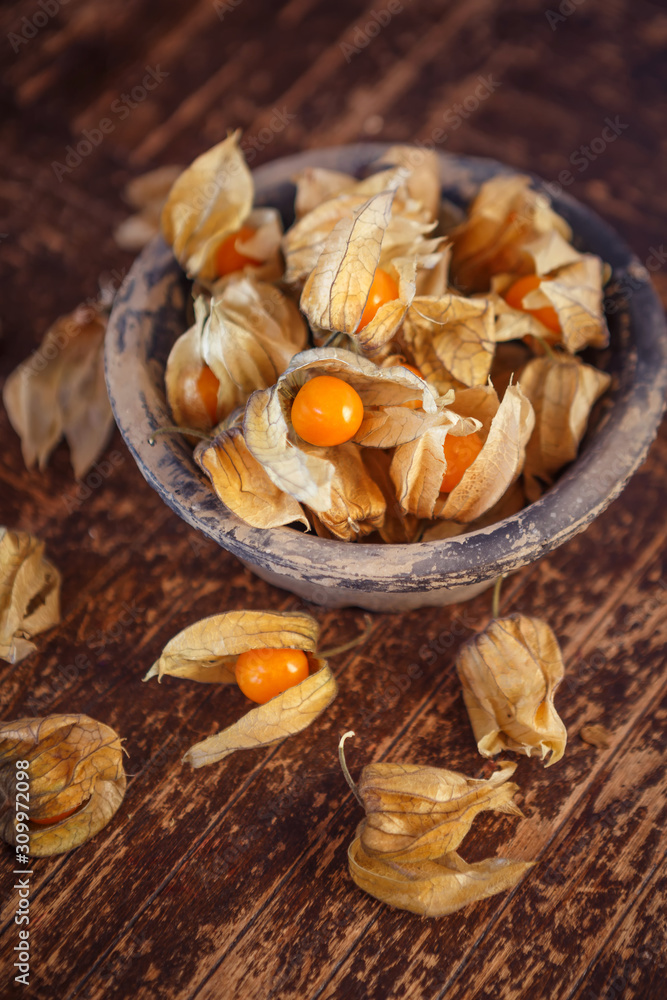 Overhead view of a bowl of dried cape gooseberries (Physalis peruviana) Overhead view of a bowl of dried cape gooseberries (Physalis peruviana)