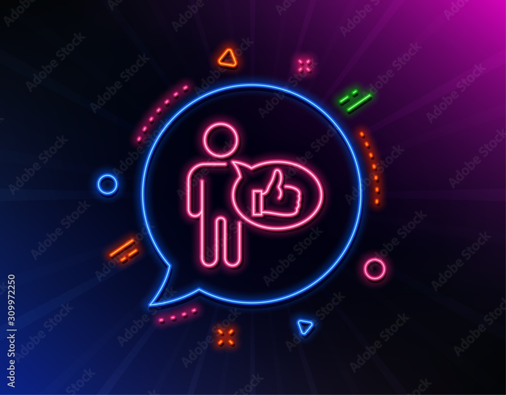 Like line icon. Neon laser lights. Thumbs up sign. Positive feedback, social media symbol. Glow laser speech bubble. Neon lights chat bubble. Banner badge with like icon. Vector