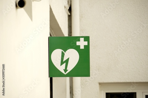 Europe defibrillator sign in street. Automated external defibrillator sign.