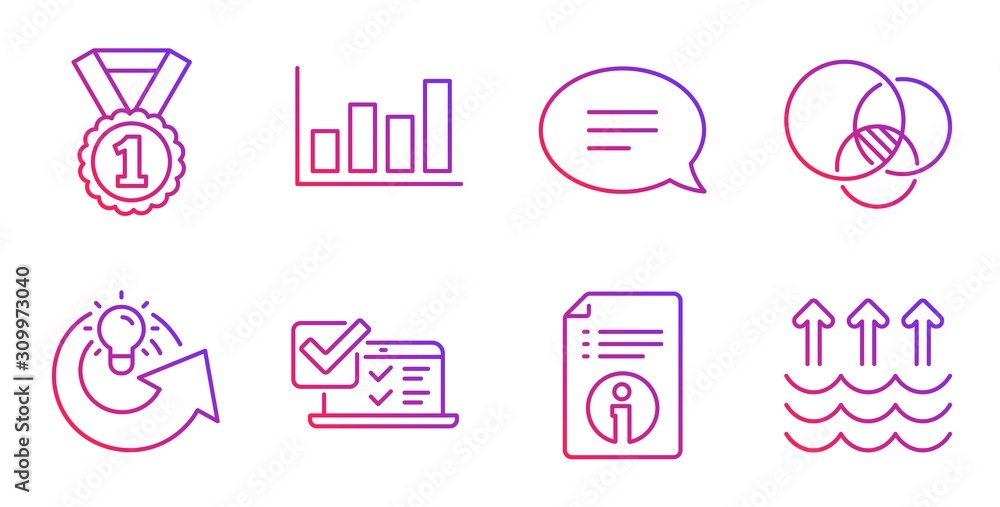 Best rank, Report diagram and Chat line icons set. Online survey, Technical info and Share idea signs. Euler diagram, Evaporation symbols. Success medal, Financial market. Education set. Vector
