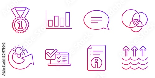 Best rank, Report diagram and Chat line icons set. Online survey, Technical info and Share idea signs. Euler diagram, Evaporation symbols. Success medal, Financial market. Education set. Vector