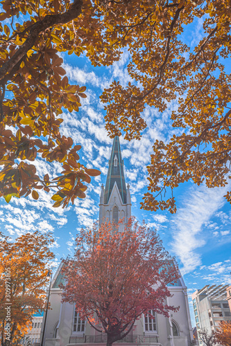 First Baptist Church Raleigh surrounded with autumn leaves and blue sky. © Chansak Joe A.