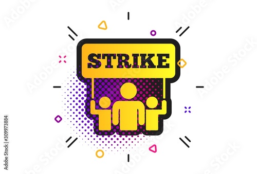 Strike sign icon. Halftone dots pattern. Group of people symbol. Industrial action. People holding protest banner. Classic flat strike icon. Vector
