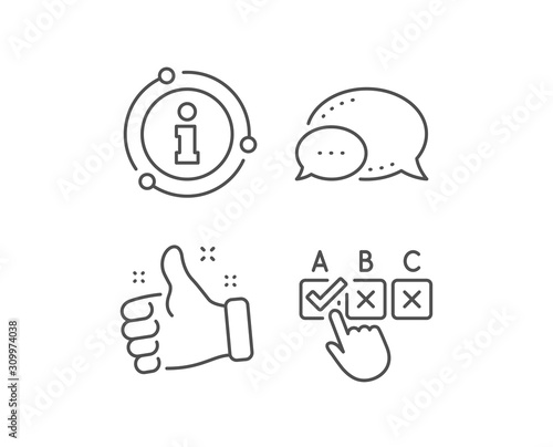 Correct checkbox line icon. Chat bubble, info sign elements. Select answer sign. Business test symbol. Linear correct checkbox outline icon. Information bubble. Vector