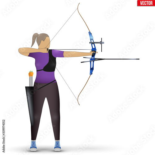 Archer with Bow Archery Sport. Archery Sport Equipment. Athlete Archer Woman Aiming an arrow. Vector Illustration isolated on white background.