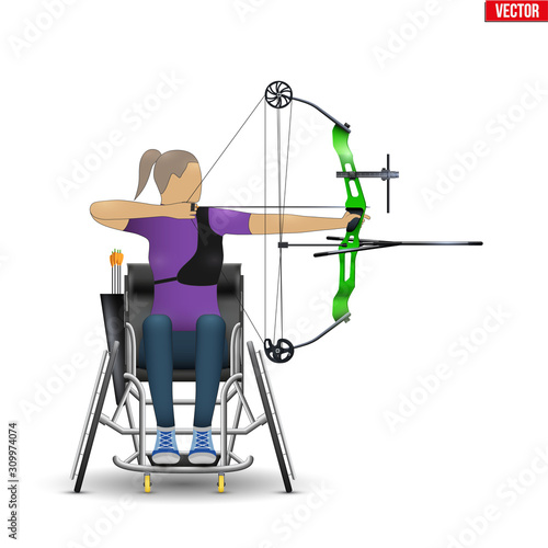 Disabled archer athlete aiming with sports bow. Archery Sport Equipment for paralympic athletes. Disability Archer woman Aiming an arrow. Vector Illustration isolated on white background.