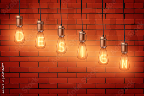 Decorative Retro design edison light bulbs with text Design on brick wall background. Vintage style with copper for loft and cafe. Switch On with letters. Vector Illustration