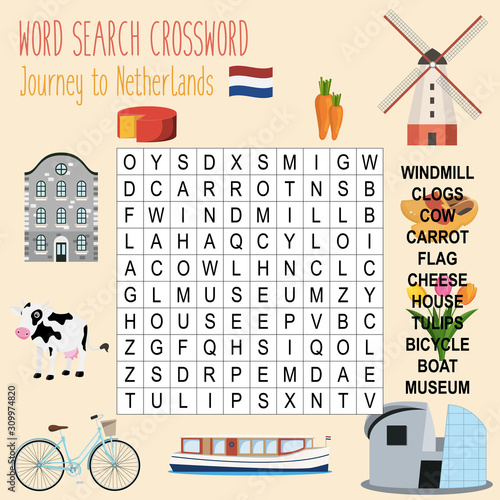 Easy word search crossword puzzle 'Journey to Netherlands', for children in elementary and middle school. Fun way to practice language comprehension and expand vocabulary. Includes answers. 