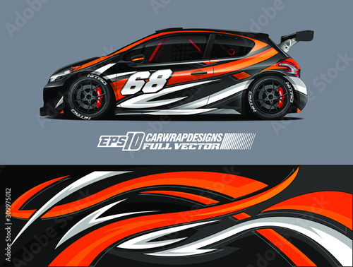 Racing car wrap design vector. Graphic abstract stripe racing background kit designs for wrap vehicle  race car  rally  adventure and livery. Full vector eps 10