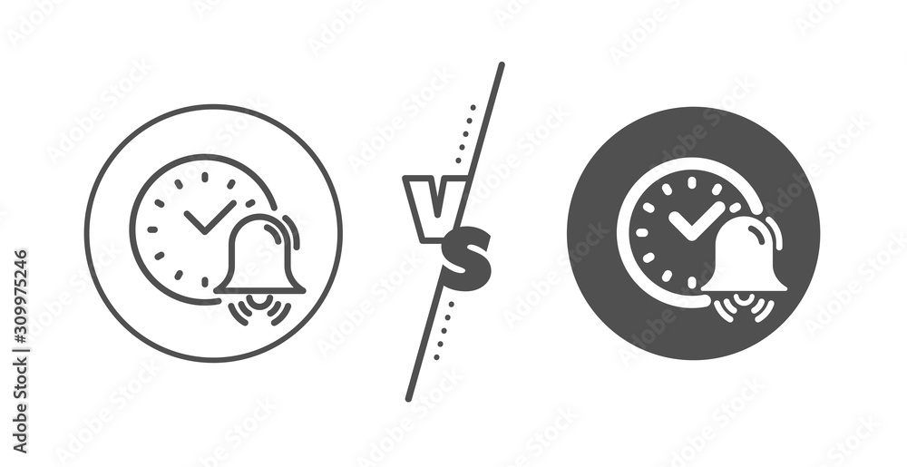 Time or watch sign. Versus concept. Alarm bell line icon. Line vs classic alarm bell icon. Vector