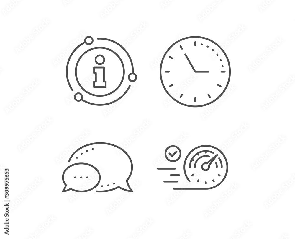 Speedometer line icon. Chat bubble, info sign elements. Time concept sign. Linear speedometer outline icon. Information bubble. Vector Speedometer line icon. Chat bubble, info sign elements. Time concept sign. Linear speedometer outline icon. Information bubble. Vector