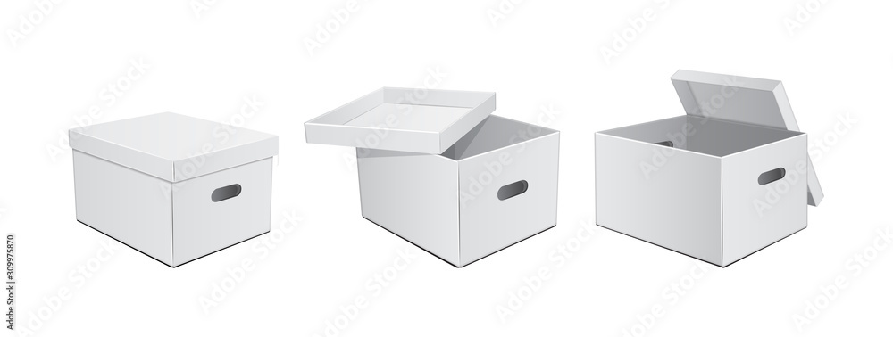 White cardboard boxes with holes for hands. For storage or other purpose. Vector illustration White cardboard boxes with holes for hands. For storage or other purpose. Vector illustration