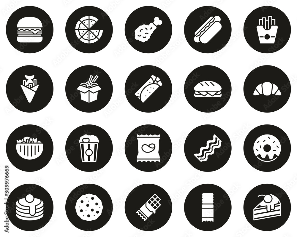 Fast Food Or Junk Food Icons White On Black Circle Set Big