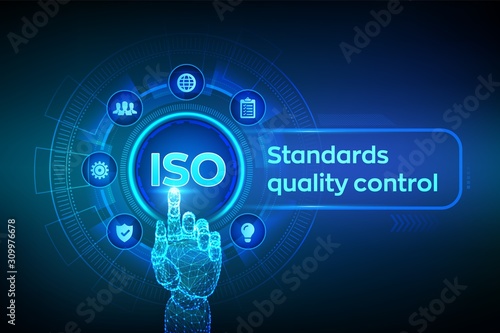 ISO standards quality control assurance warranty business technology concept. ISO standardization certification industry service concept. Robotic hand touching digital interface. Vector illustration.