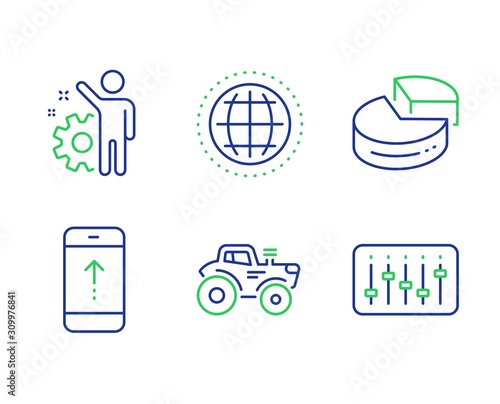 Swipe up, Tractor and Pie chart line icons set. Employee, Globe and Dj controller signs. Scrolling screen, Farm transport, 3d graph. Cogwheel. Business set. Line swipe up outline icons. Vector