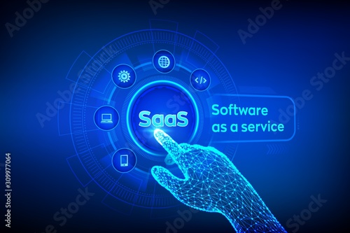SaaS. Software as a service. Internet and technology concept on virtual screen. Development Concept. SAAS Computing IOT Industry. Robotic hand touching digital interface. Vector illustration.