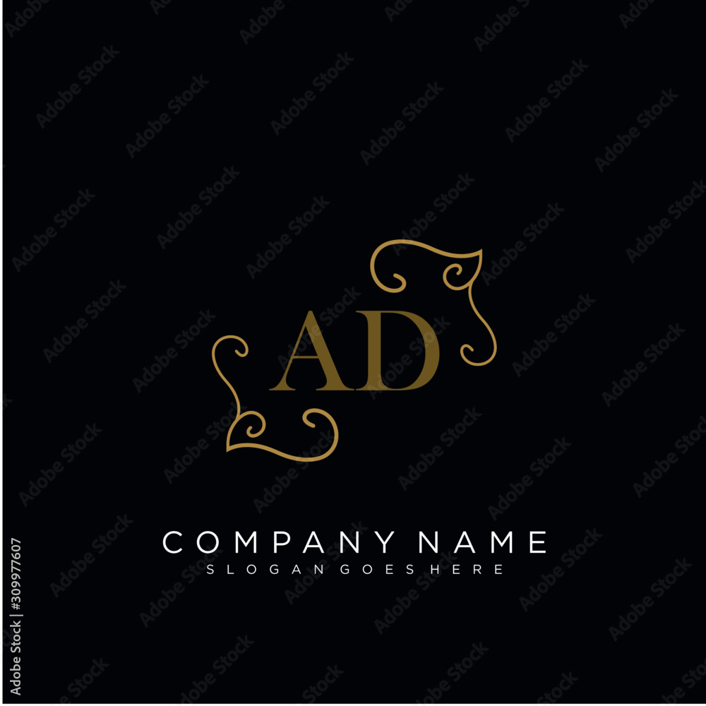 Initial letter AD logo luxury vector mark, gold color elegant classical