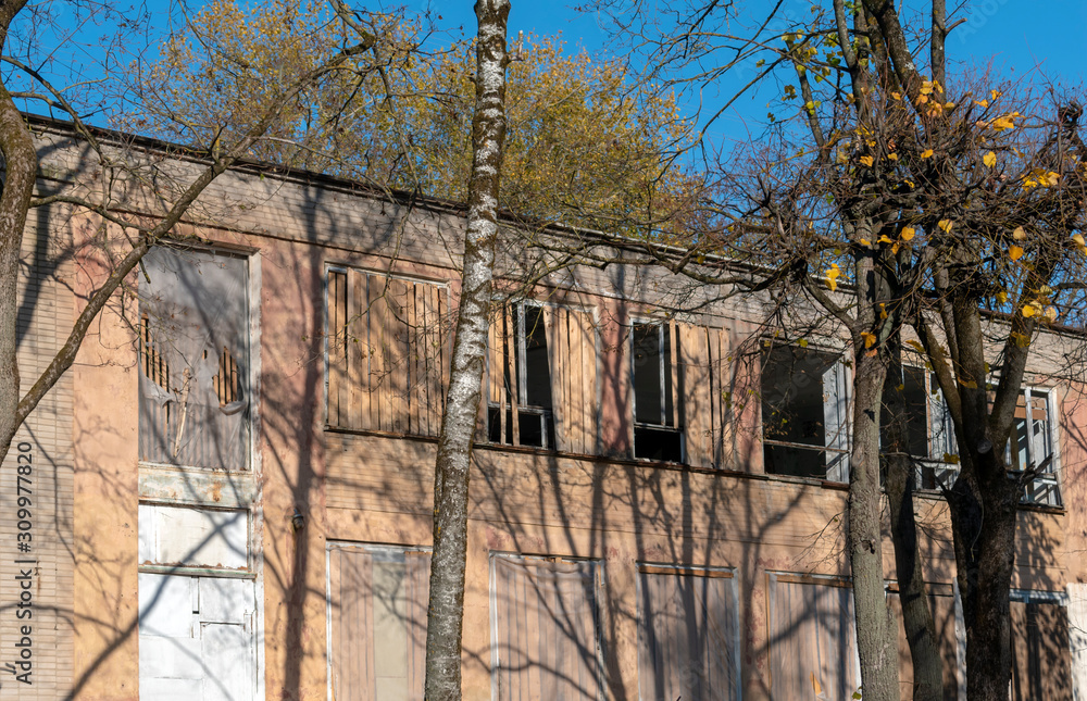 Old brick abandoned building with trees overgrown Old brick abandoned building with trees overgrown