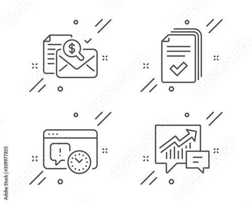 Project deadline, Handout and Accounting report line icons set. Accounting sign. Time management, Documents example, Check finance. Supply and demand. Education set. Vector