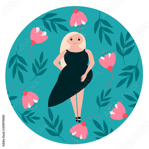 Vector illustration with a blond girl in green dress  in a hand drawn frame with flowers and leaves in colors of mentol and pink. Illustrations to Womens day.Application in the printing industry, merc