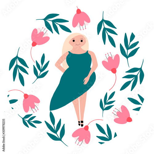 Vector illustration with a blond girl in green dress  in a hand drawn frame with flowers and leaves in colors of mentol and pink. Illustrations to Womens day.Application in the printing industry, merc