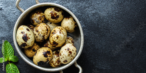 quail eggs (tasty fresh, vitamins) menu concept. food background. top view. copy space