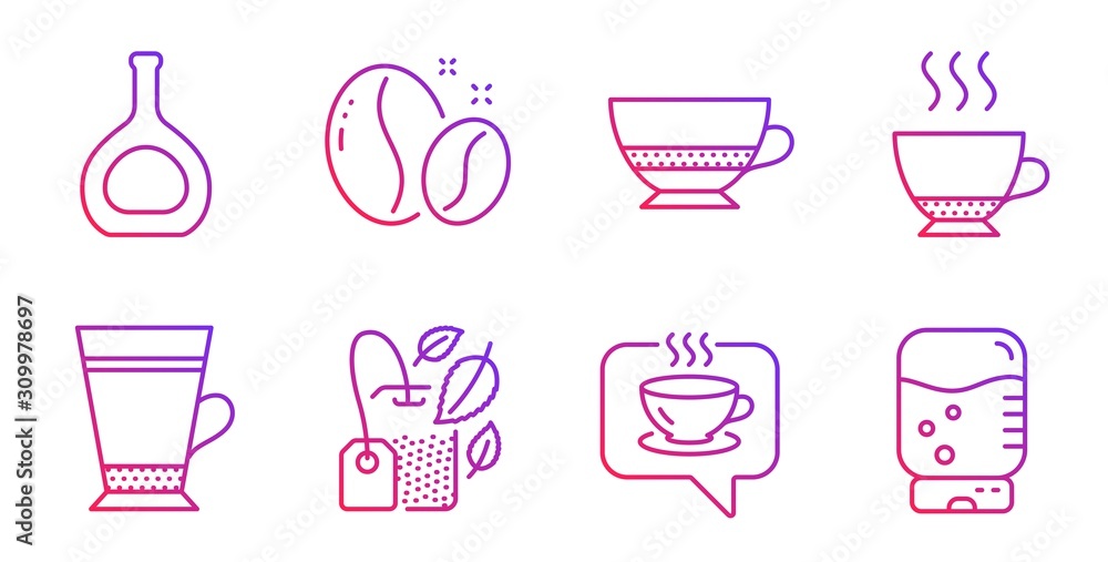 Latte, Cognac bottle and Mint bag line icons set. Bombon coffee, Espresso and Coffee beans signs. Water cooler symbol. Brandy alcohol, Mentha tea. Food and drink set. Gradient latte icon. Vector Latte, Cognac bottle and Mint bag line icons set. Bombon coffee, Espresso and Coffee beans signs. Water cooler symbol. Brandy alcohol, Mentha tea. Food and drink set. Gradient latte icon. Vector