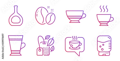 Latte, Cognac bottle and Mint bag line icons set. Bombon coffee, Espresso and Coffee beans signs. Water cooler symbol. Brandy alcohol, Mentha tea. Food and drink set. Gradient latte icon. Vector