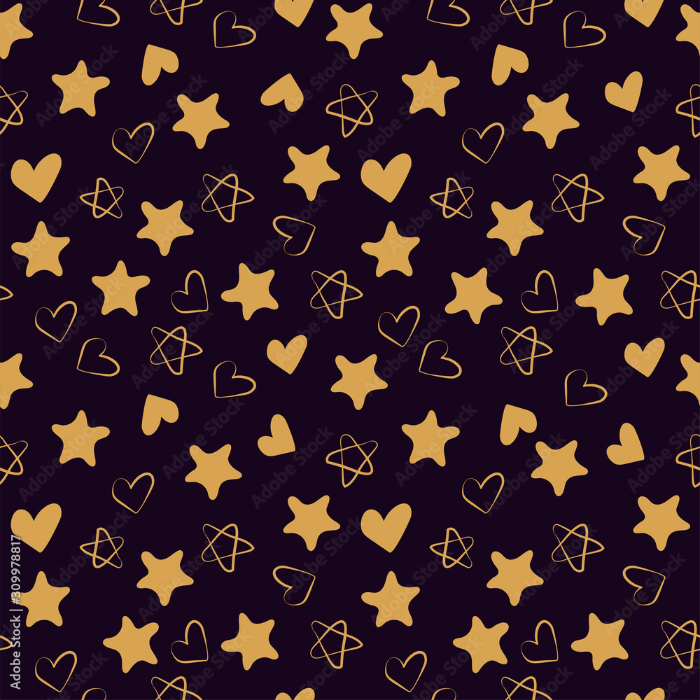 Golden hearts and stars seamless pattern. Fashion design print. Design elements for wedding, kid's birthday or Valentine's day. Hand drawn doodle repeating shapes. Cute wallpaper