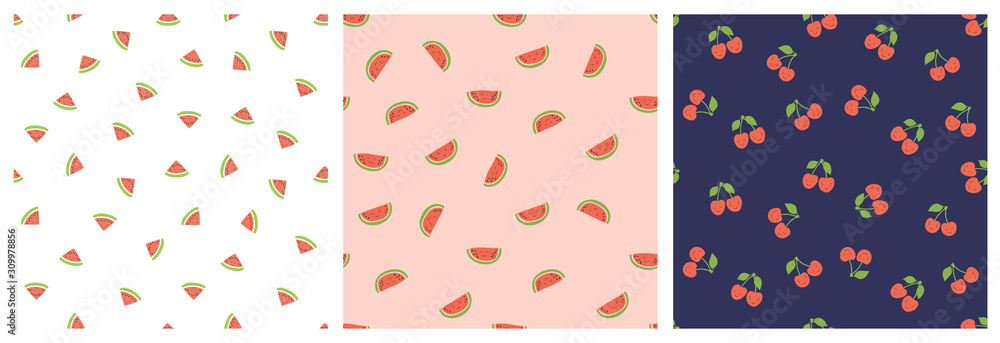 Fototapeta premium Kid's seamless pattern. Smiling watermelon and cherry. Exotic fruit fashion print. Design elements for baby textile or clothes. Hand drawn doodle repeating delicacies.