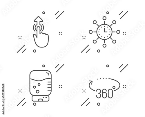 World time, Water cooler and Swipe up line icons set. 360 degrees sign. Measurement device, Office drink, Touch technology. Full rotation. Technology set. Line world time outline icon. Vector