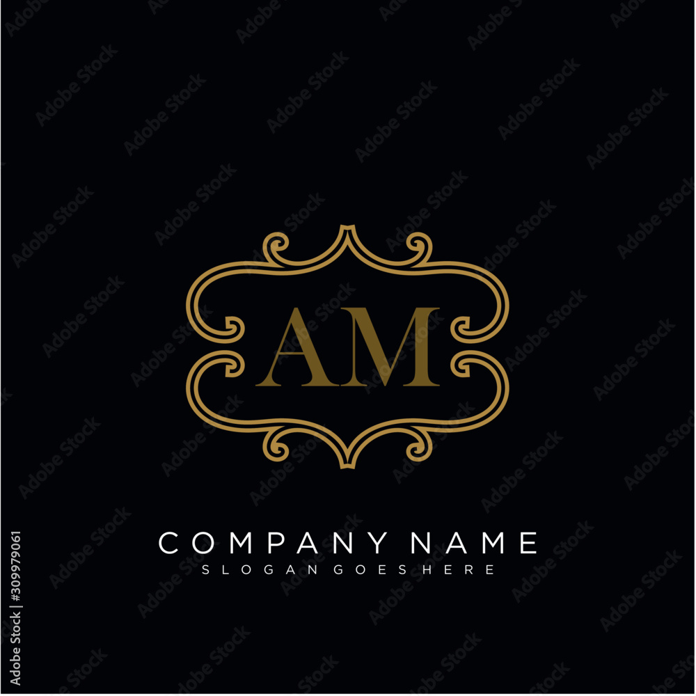 Initial letter AM logo luxury vector mark, gold color elegant classical