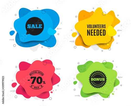 Volunteers needed. Liquid shape, various colors. Volunteering service sign. Charity work symbol. Geometric vector banner. Volunteers needed text. Gradient shape badge. Vector