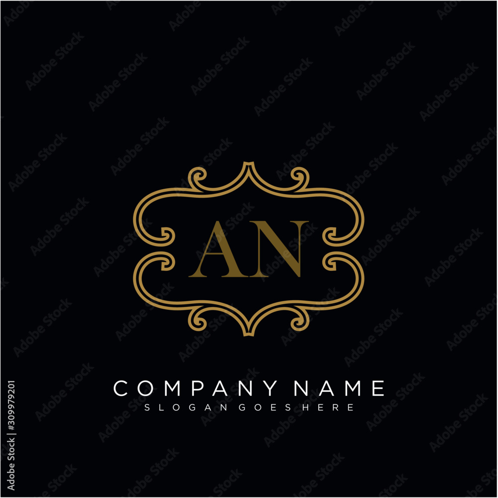 Initial letter AN logo luxury vector mark, gold color elegant classical