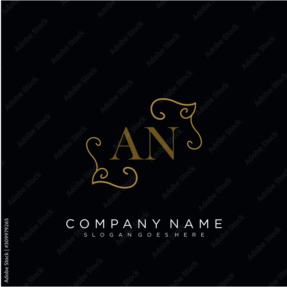 Initial letter AN logo luxury vector mark, gold color elegant classical