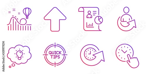 Share, Upload and Tips line icons set. Report, Energy and Roller coaster signs. Update time, Time management symbols. Referral person, Load arrowhead. Technology set. Gradient share icon. Vector
