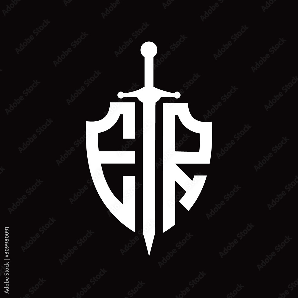 ER logo with shield shape and sword design template ER logo with shield shape and sword design template
