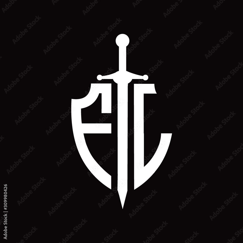 FL logo with shield shape and sword design template FL logo with shield shape and sword design template